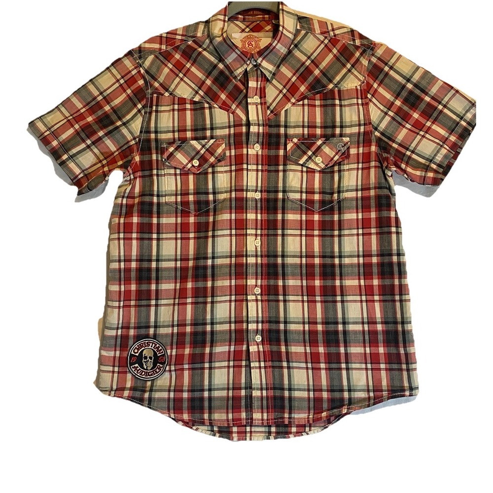 Christian Audigier Button up Mens Medium M Plaid Skull Patch Biker Red - Picture 1 of 6